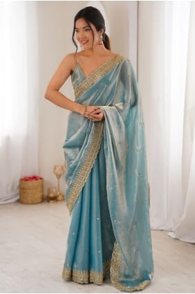 Sari bleu ciel en satin avec sequins SR30166