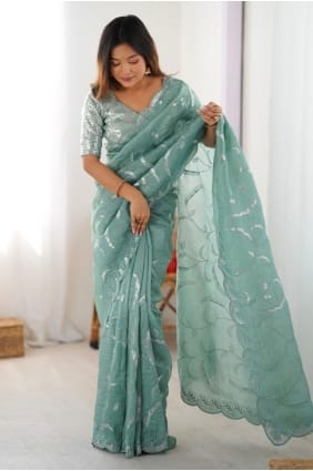 Sari en soie bleu ciel avec fil SR29634