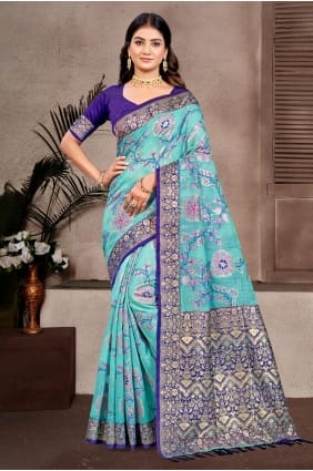 Sari en coton bleu ciel tissé SR29402
