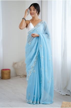 Sari en mousseline bleu ciel orné de sequins SR29831