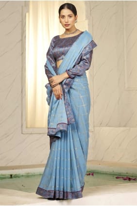 sari bleu ciel en mousseline de soie avec imprimé SR28417