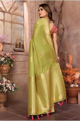 soft net sari in green with weaving SR28264
