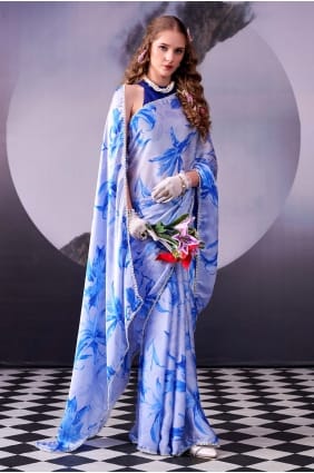 Sari en satin imprimé bleu SR29937