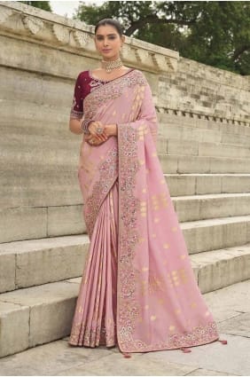 sari en soie stone rose avec chemisier SR28003