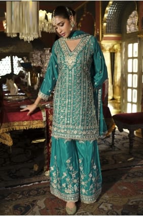 Ensemble Sharara vert turquoise couleur pierre avec mousseline à motifs SS1299