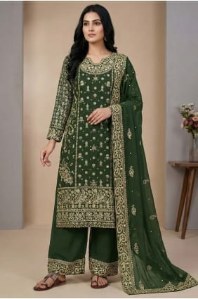 Salwar Kameez en faux georgette avec pierre verte et perles SK15662