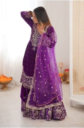 Ensemble Sharara en velours violet orné de pierres SS1297