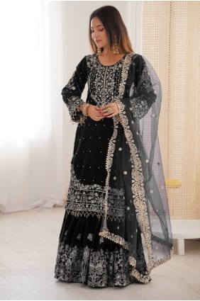Ensemble Sharara en velours noir avec pierres et perles, et dupatta SS1294