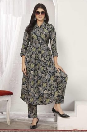 tailleur pantalon droit en chanderi bleu avec imprimé numérique SK155197