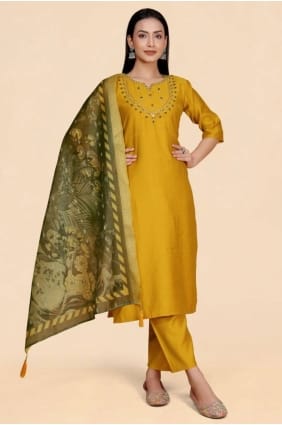 Costume droit moutarde en viscose faite à la main SK156124