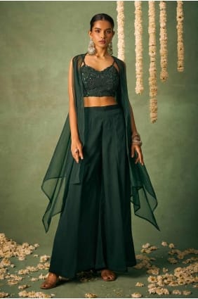 Tailleur pantalon droit en mousseline de soie imprimé en vert SK155238