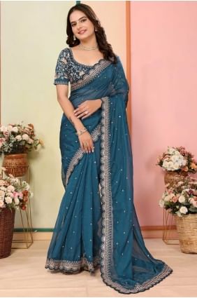 Broderie Organza Sari en bleu sarcelle SR28691