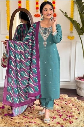 salwar kameez brodé bleu sarcelle en chanderi SK155360