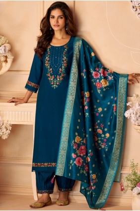 Salwar Kameez en viscose brodée bleu turquoise SK155786
