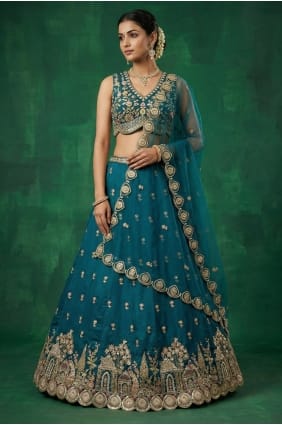 Lehenga Choli en mousseline de soie bleu sarcelle avec broderies LC9164