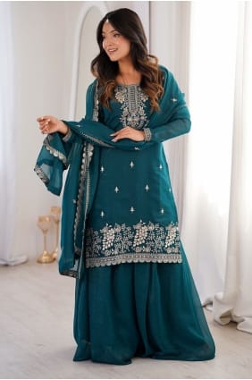 Ensemble palazzo bleu sarcelle en soie Chanderi avec dupatta PZ4420