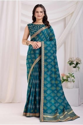 sari en soie imprimé bleu sarcelle SR28193