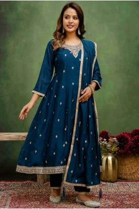 Salwar Kameez bleu sarcelle en soie brodée SK155700