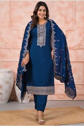 Salwar Kameez bleu sarcelle en soie brodée SK155673