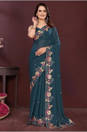 Sari bleu sarcelle en georgette brodé SR28885