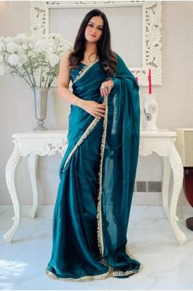 Sari bleu sarcelle avec dentelle en satin SR28373