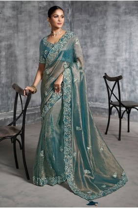 Sari en tissu bleu turquoise avec miroir SR29186