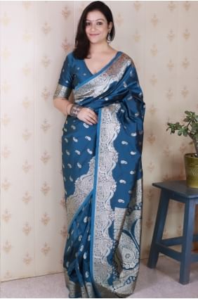 Sari en soie Banarasi bleu sarcelle avec tissage SR28963