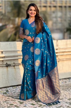 sari en soie tissée bleu sarcelle SR28269