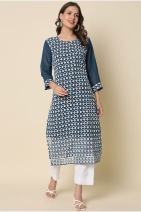 Sarcelle Kurti en Georgette avec Chikankari KTI2729