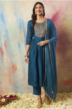 Ensemble Anarkali bleu sarcelle en coton brodé AS4333