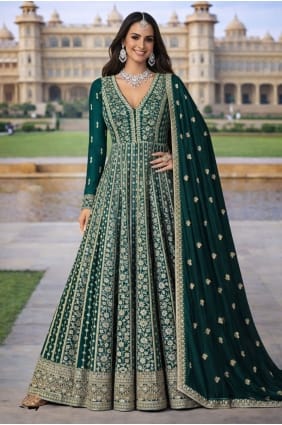 Robe longue en soie brodée bleu sarcelle avec dupatta GW1230