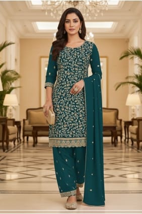 Ensemble salwar kameez en georgette brodée de turquoise SK159150