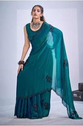 Sari vert turquoise en satin orné de pierres, avec chemisier assorti SR30016