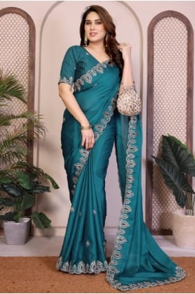 Sari bleu sarcelle avec bordure en dentelle et satin SR29632