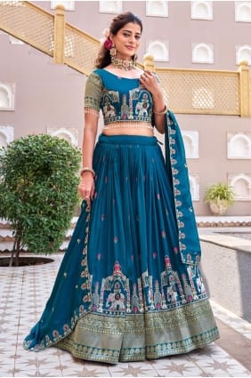 Lehenga Choli en soie avec dentelle bleu sarcelle LC8979