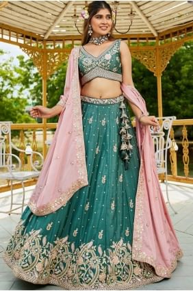 Lehenga choli bleu sarcelle en mousseline avec broderie LC8598