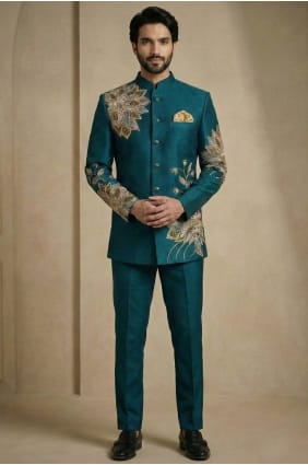 Kurta-pyjama brodé pour homme avec gilet en satin bleu sarcelle KURR241