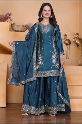 Ensemble palazzo en mousseline brodée bleu sarcelle PZ4233