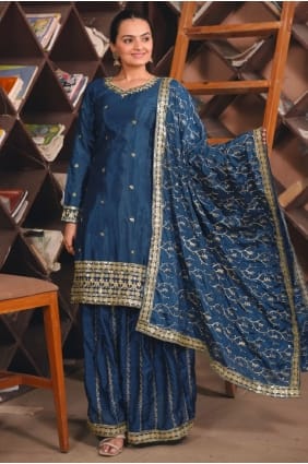 Ensemble palazzo bleu sarcelle en mousseline avec broderies PZ4234