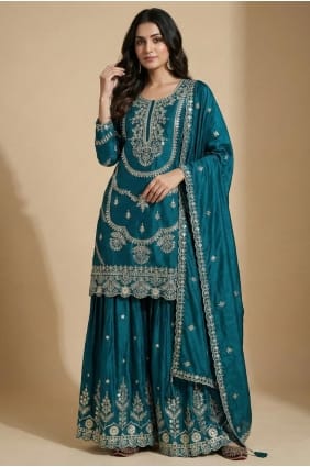 Ensemble palazzo Eid en soie turquoise avec sequins PZ4271