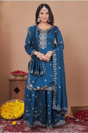 Ensemble palazzo en soie à sequins turquoise PZ4424