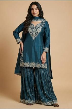 Ensemble Patiala en soie turquoise à sequins PZ4262