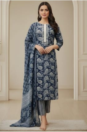 Salwar Kameez en coton imprimé turquoise avec dupatta SK156039