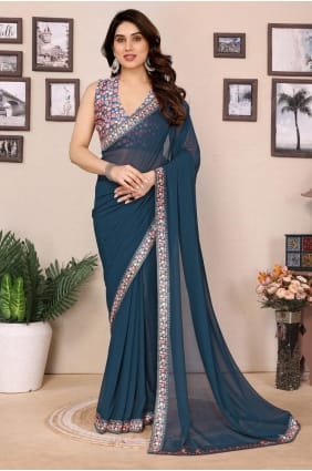 Sari en georgette turquoise imprimé SR29364