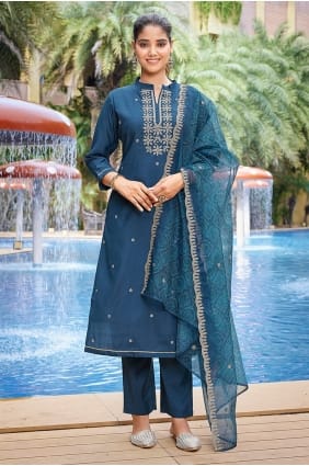 Salwar Kameez brodé turquoise en viscose SK15783