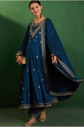 Salwar Kameez en soie bleu sarcelle avec broderie SK155780