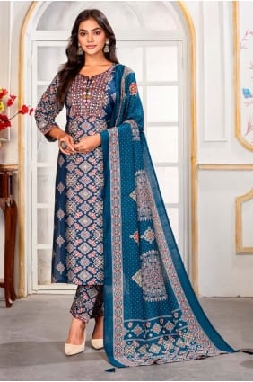 Chanderi Salwar Kameez imprimé bleu sarcelle SK156133