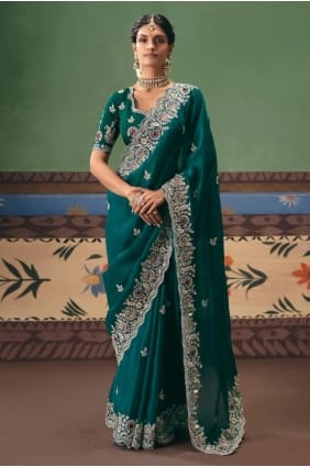 Sari turquoise à sequins et pierres, en soie artificielle. SR29694