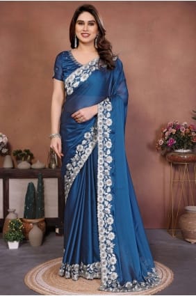 Sari en soie brodée turquoise SR29577