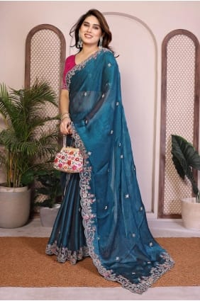 Sari en mousseline brodée turquoise pour femme SR29853
